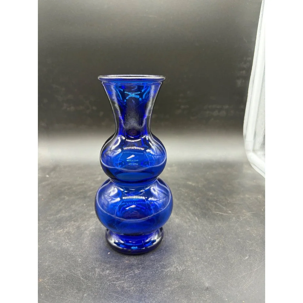 Vintage Cobalt Blue Glass Bud Vase Double Bulb Gourd‎ Shape Mid Century Modern